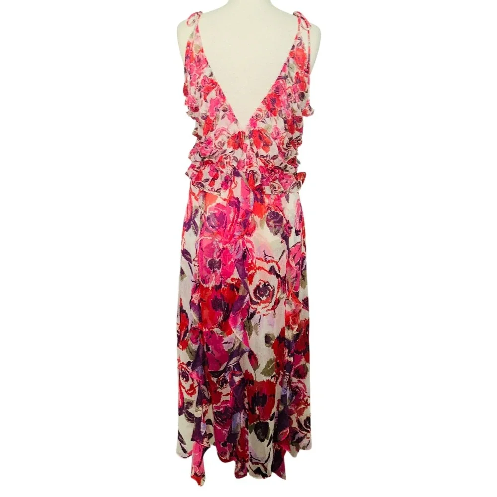 MISA Los Angeles Pink Red Diana Floral Ruffle Maxi Dress Size L Chiffon Boho A6